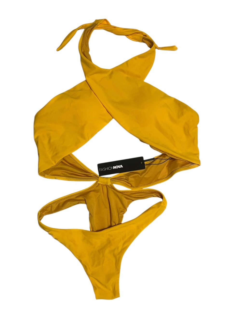 Fashion Nova NWT Mustard Yellow Wrap Halter One Piece Sexy Swimmer Swimsuit S